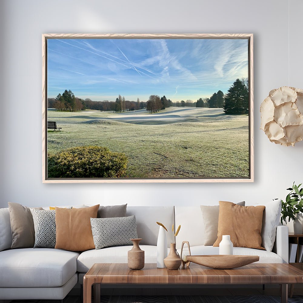 Frozen Golf Course In Early Morning, Floating Framed Canvas Print Wall Art