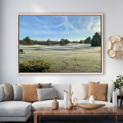 Frozen Golf Course In Early Morning, Floating Framed Canvas Print Wall Art