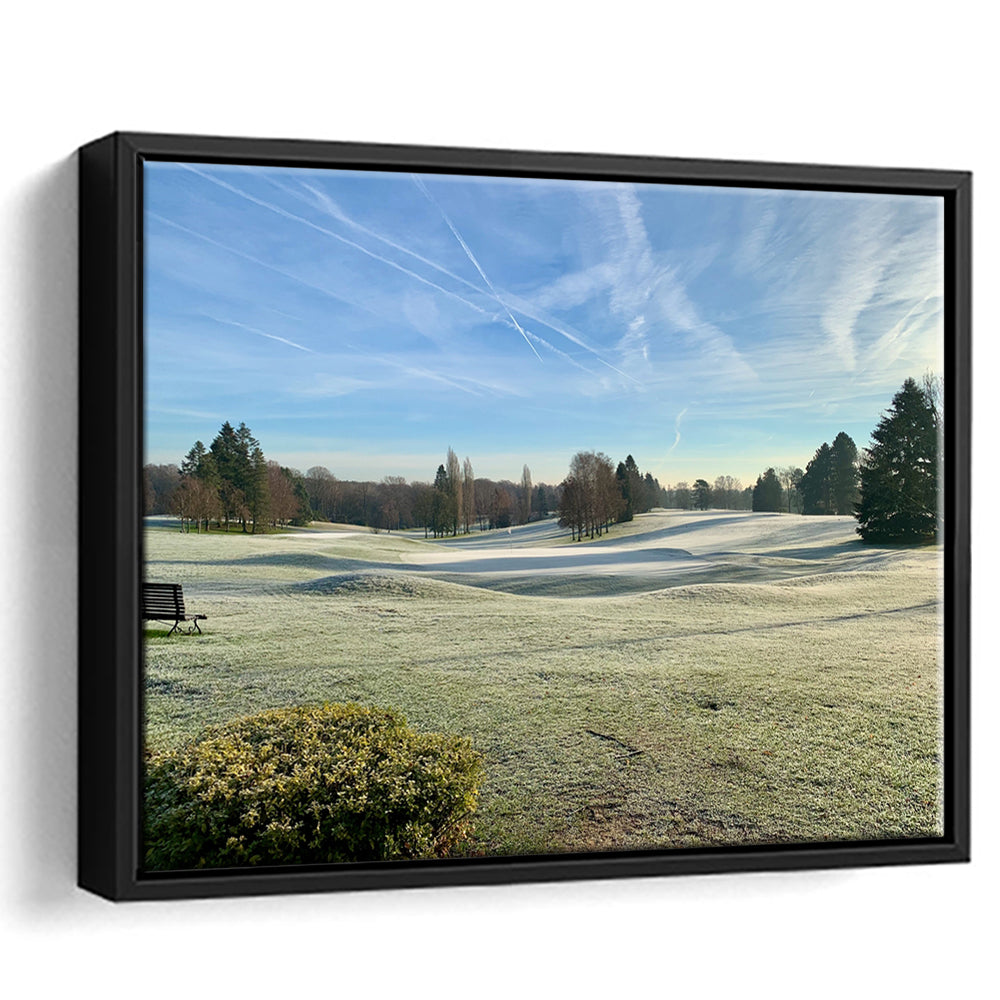 Frozen Golf Course In Early Morning, Floating Framed Canvas Print Wall Art