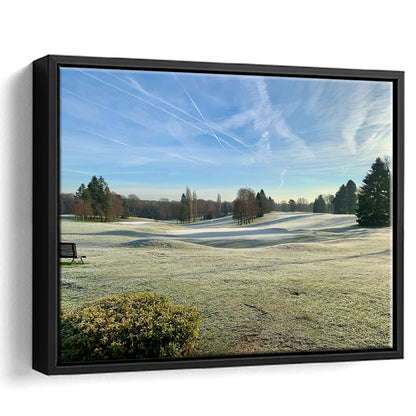 Frozen Golf Course In Early Morning, Floating Framed Canvas Print Wall Art