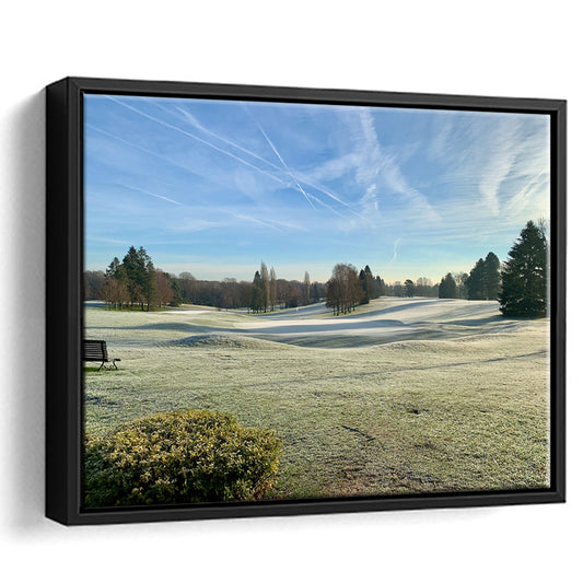Frozen Golf Course In Early Morning, Floating Framed Canvas Print Wall Art