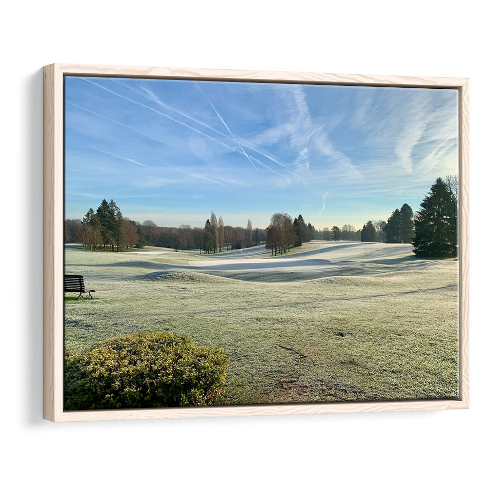 Frozen Golf Course In Early Morning, Floating Framed Canvas Print Wall Art