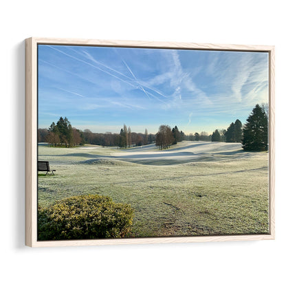 Frozen Golf Course In Early Morning, Floating Framed Canvas Print Wall Art