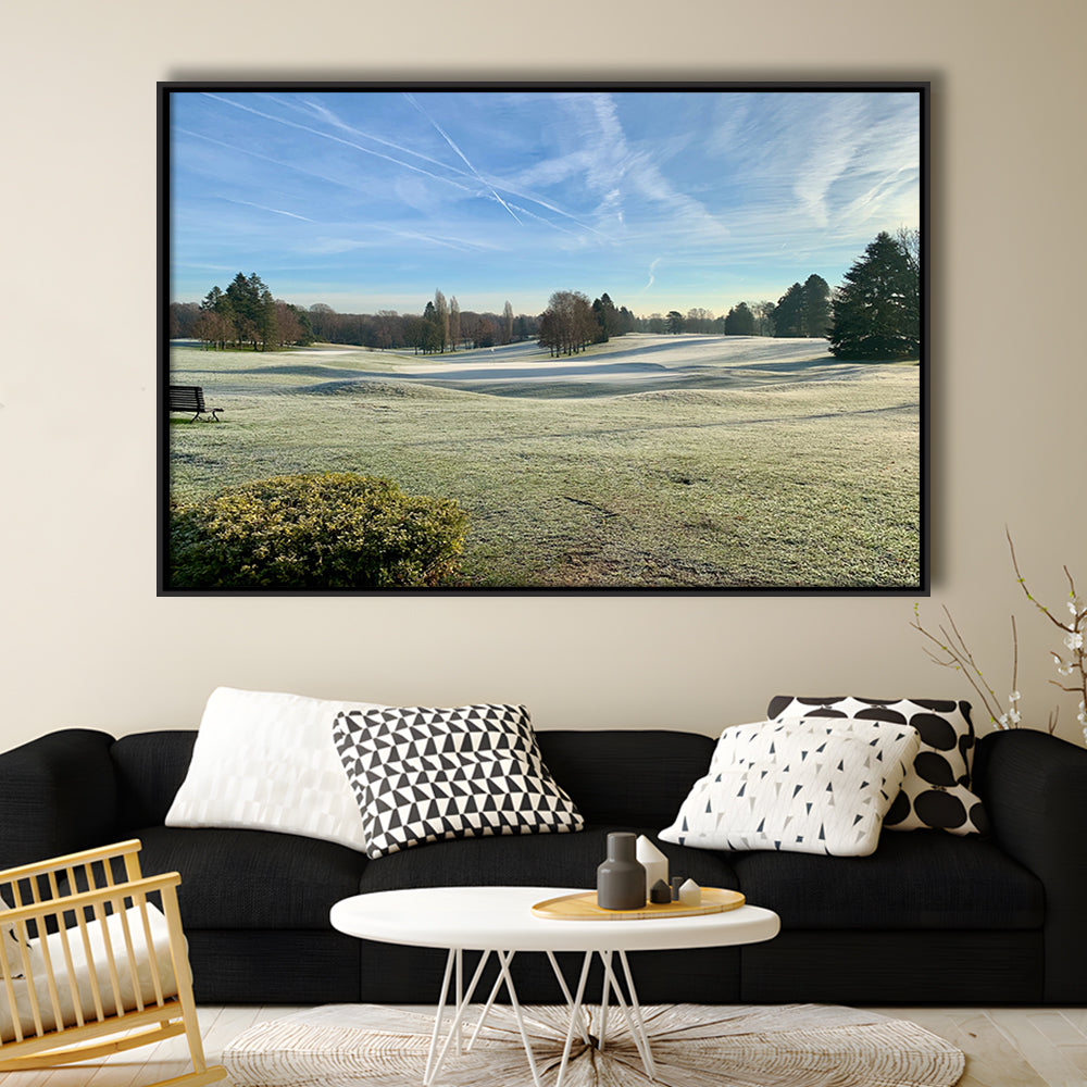 Frozen Golf Course In Early Morning, Floating Framed Canvas Print Wall Art