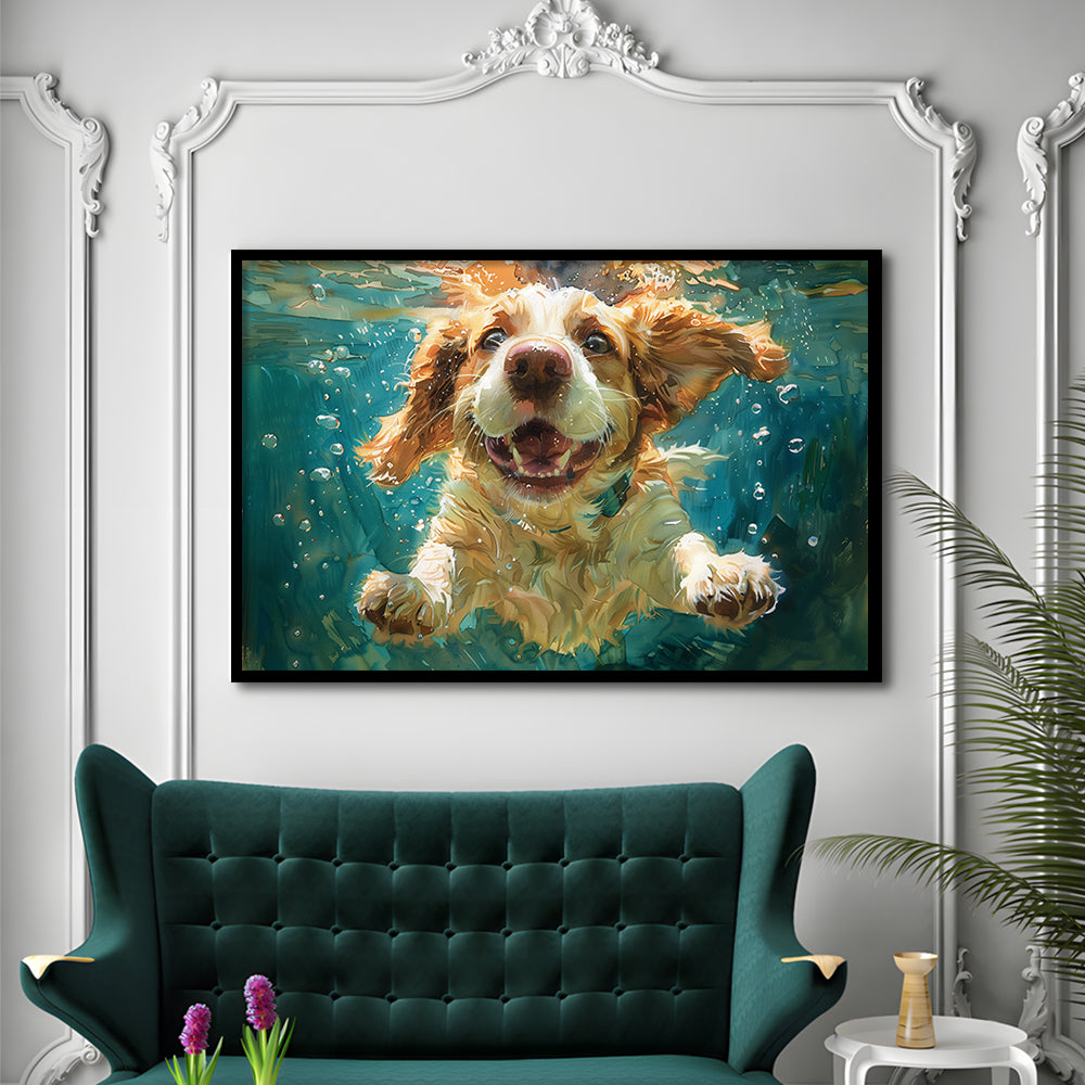 Funny Basset Hound Dog Swimming Underwater Watercolor, Funny Pet Art, Framed Art Print Wall Decor, Framed Picture