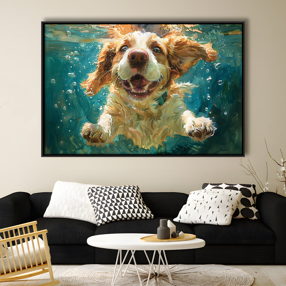 Funny Basset Hound Dog Swimming Underwater Watercolor, Funny Pet Art, Floating Framed Canvas Print Wall Art