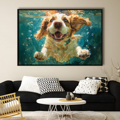 Funny Basset Hound Dog Swimming Underwater Watercolor, Funny Pet Art, Floating Framed Canvas Print Wall Art