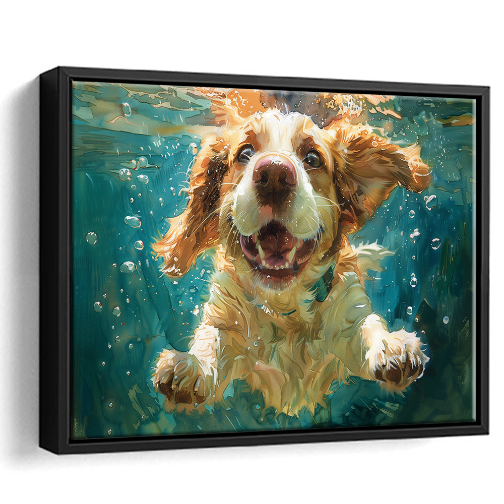 Funny Basset Hound Dog Swimming Underwater Watercolor, Funny Pet Art, Floating Framed Canvas Print Wall Art