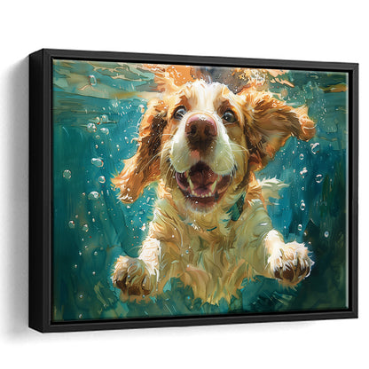 Funny Basset Hound Dog Swimming Underwater Watercolor, Funny Pet Art, Floating Framed Canvas Print Wall Art