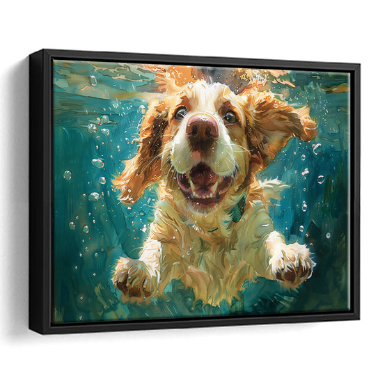 Funny Basset Hound Dog Swimming Underwater Watercolor, Funny Pet Art, Floating Framed Canvas Print Wall Art