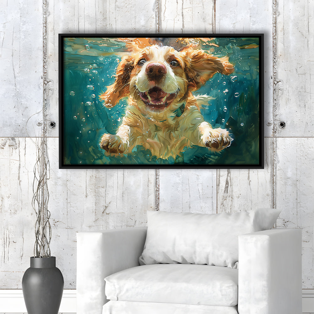 Funny Basset Hound Dog Swimming Underwater Watercolor, Funny Pet Art, Floating Framed Canvas Print Wall Art