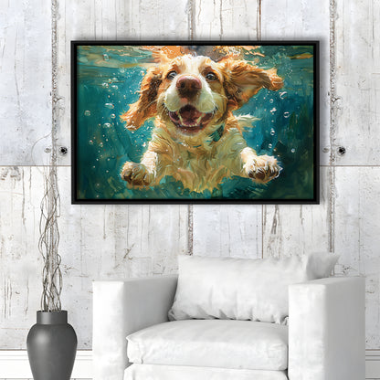 Funny Basset Hound Dog Swimming Underwater Watercolor, Funny Pet Art, Floating Framed Canvas Print Wall Art