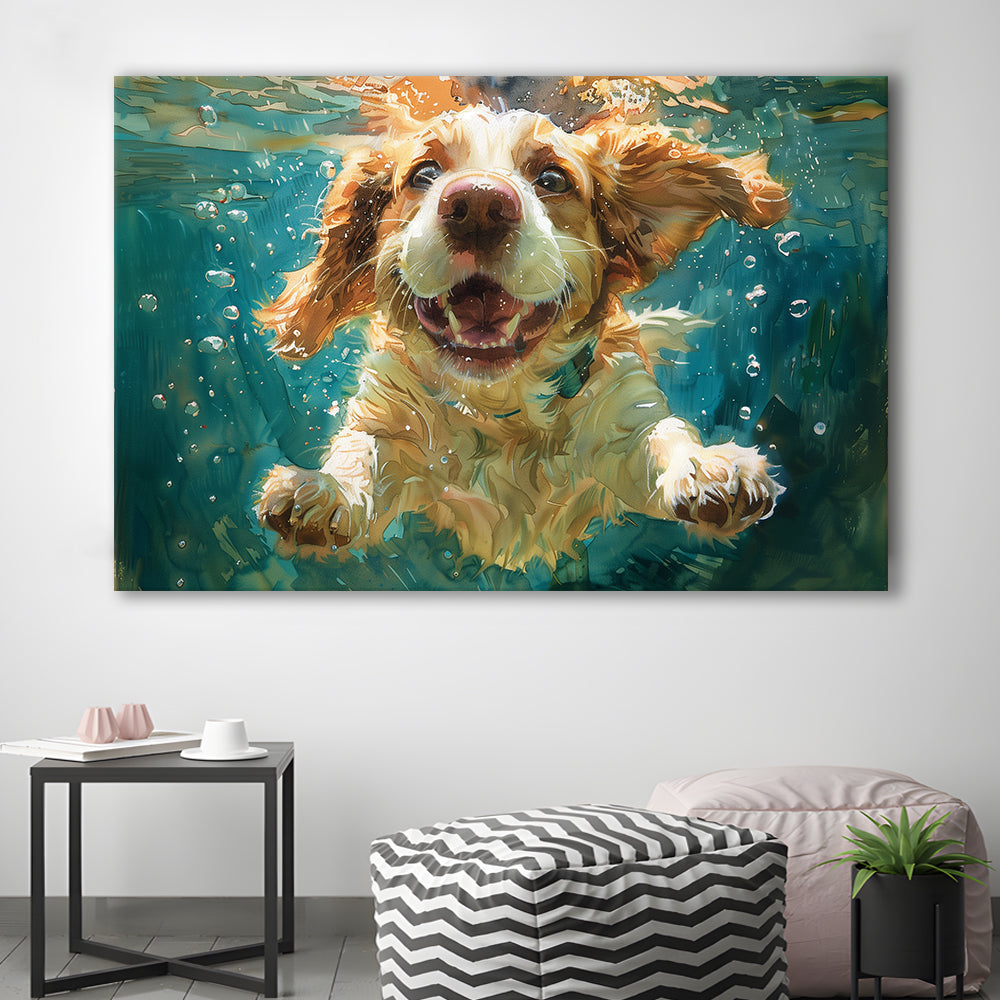 Funny Basset Hound Dog Swimming Underwater Watercolor, Funny Pet Art, Canvas Print Wall Art Home Decor