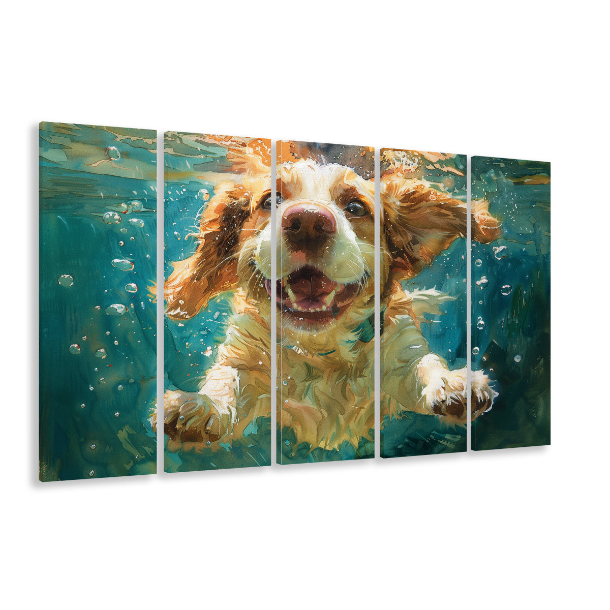 Funny Basset Hound Dog Swimming Underwater Watercolor, Funny Pet Art, Multi Panels Canvas Print Wall Art