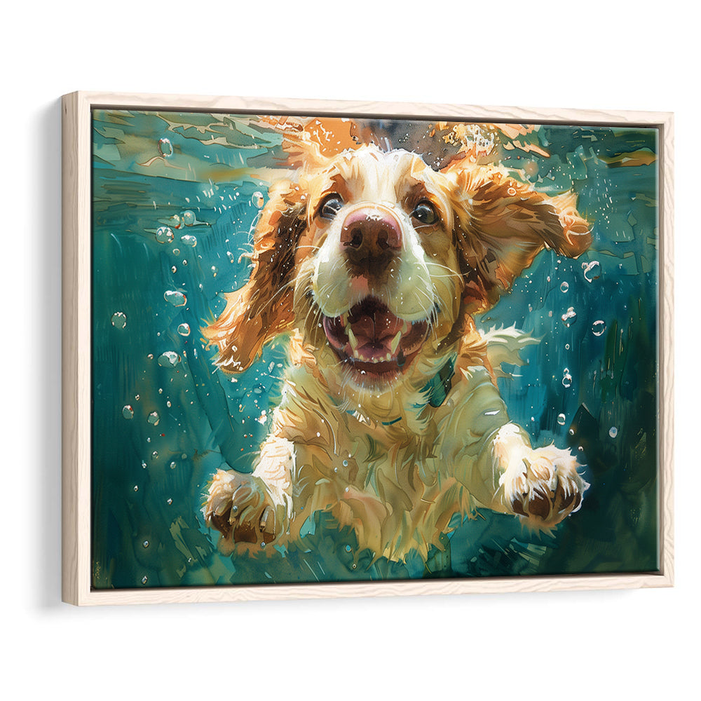 Funny Basset Hound Dog Swimming Underwater Watercolor, Funny Pet Art, Floating Framed Canvas Print Wall Art