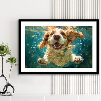 Funny Basset Hound Dog Swimming Underwater Watercolor, Funny Pet Art, Framed Art Print White Border Wall Decor