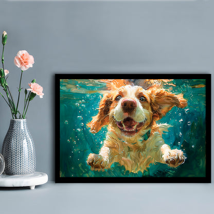 Funny Basset Hound Dog Swimming Underwater Watercolor, Funny Pet Art, Framed Art Print Wall Decor, Framed Picture