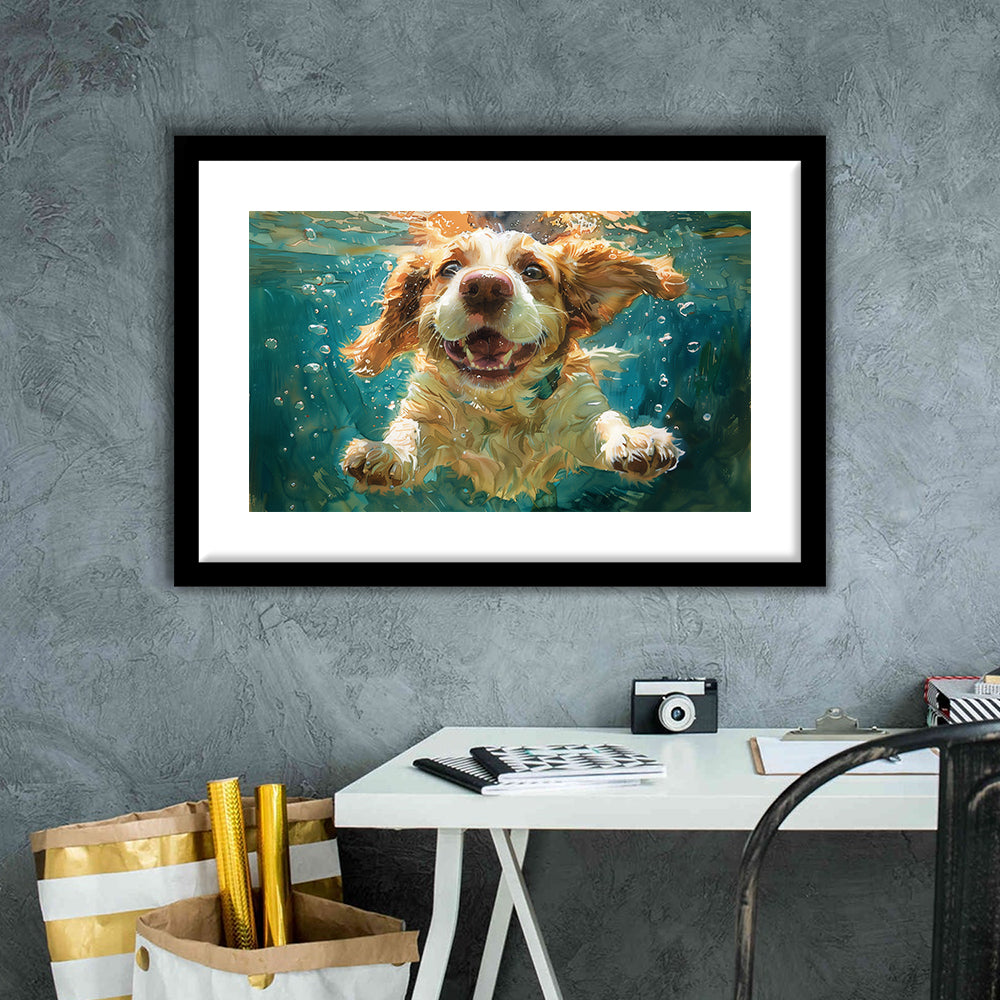 Funny Basset Hound Dog Swimming Underwater Watercolor, Funny Pet Art, Framed Art Print White Border Wall Decor