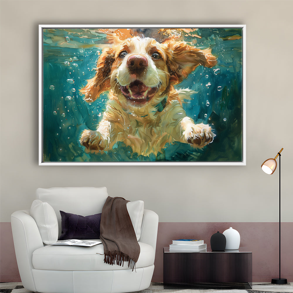 Funny Basset Hound Dog Swimming Underwater Watercolor, Funny Pet Art, Floating Framed Canvas Print Wall Art