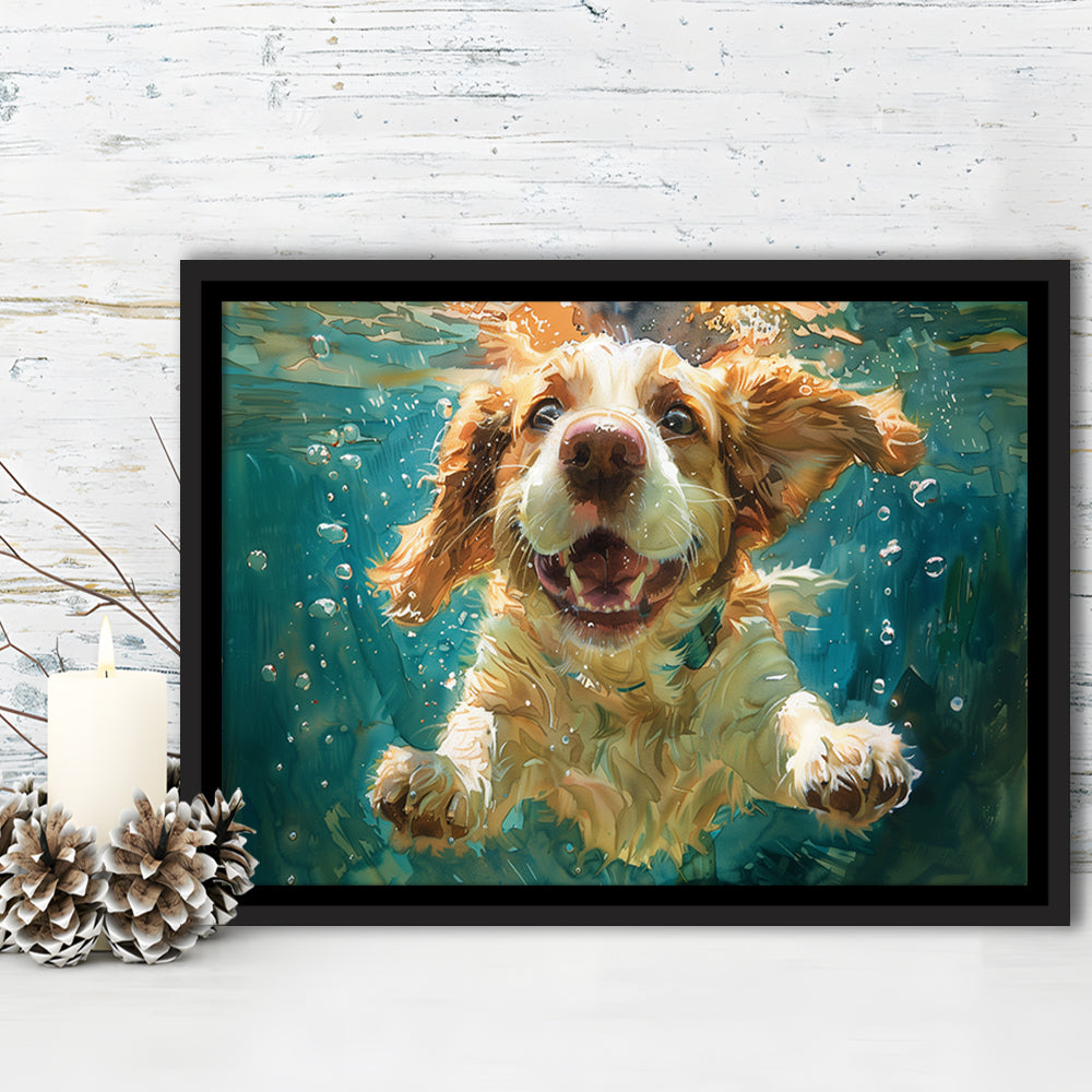 Funny Basset Hound Dog Swimming Underwater Watercolor, Funny Pet Art, Floating Framed Canvas Print Wall Art