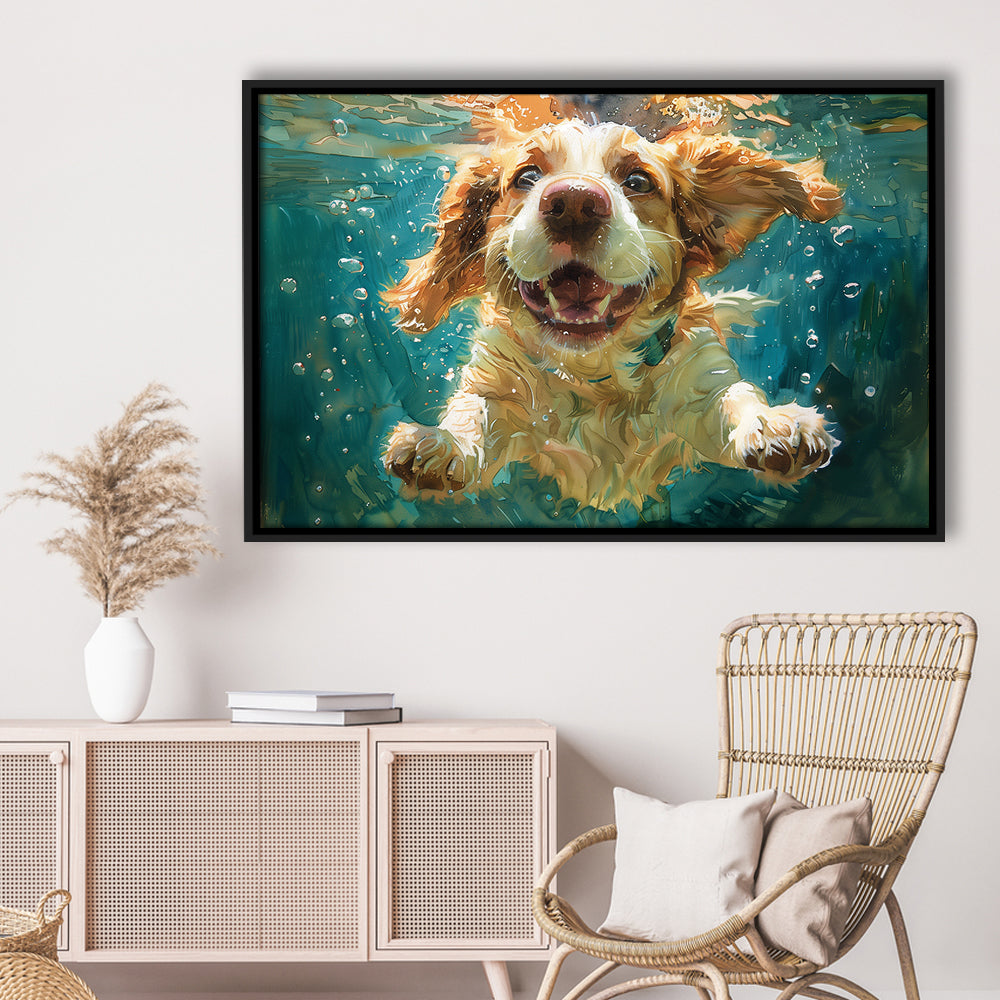 Funny Basset Hound Dog Swimming Underwater Watercolor, Funny Pet Art, Floating Framed Canvas Print Wall Art