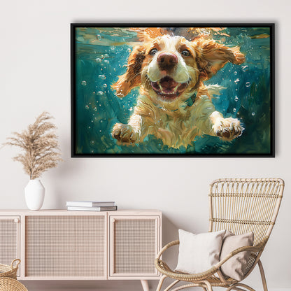 Funny Basset Hound Dog Swimming Underwater Watercolor, Funny Pet Art, Floating Framed Canvas Print Wall Art