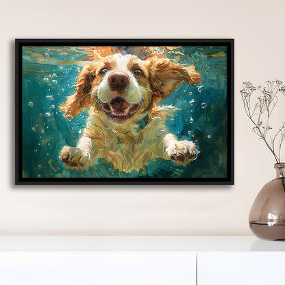 Funny Basset Hound Dog Swimming Underwater Watercolor, Funny Pet Art, Floating Framed Canvas Print Wall Art