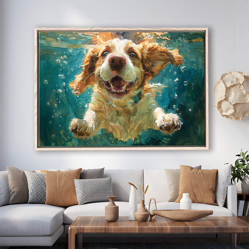 Funny Basset Hound Dog Swimming Underwater Watercolor, Funny Pet Art, Floating Framed Canvas Print Wall Art