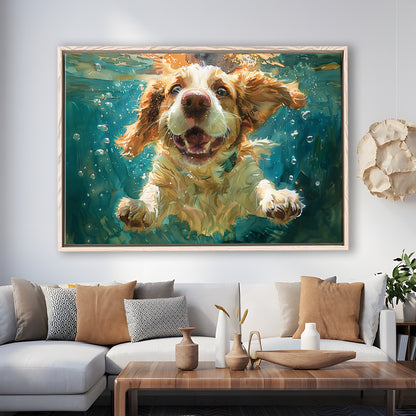 Funny Basset Hound Dog Swimming Underwater Watercolor, Funny Pet Art, Floating Framed Canvas Print Wall Art