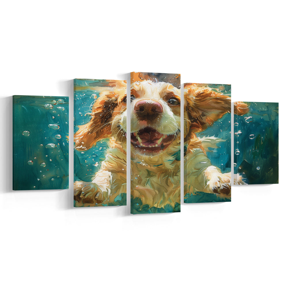 Funny Basset Hound Dog Swimming Underwater Watercolor, Funny Pet Art, Mixed Panels Canvas Print Wall Art