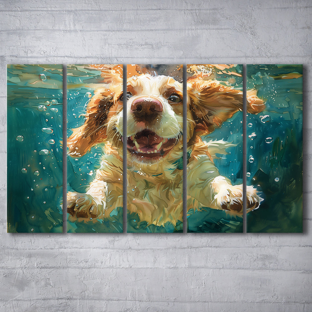 Funny Basset Hound Dog Swimming Underwater Watercolor, Funny Pet Art, Multi Panels Canvas Print Wall Art