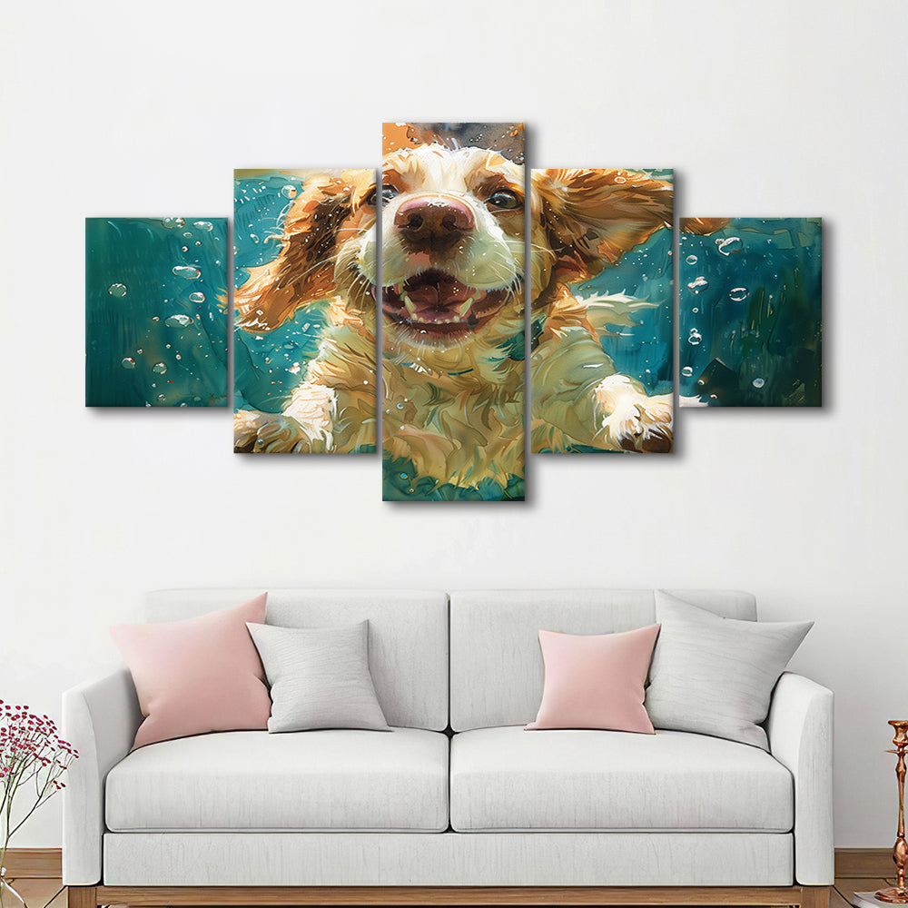 Funny Basset Hound Dog Swimming Underwater Watercolor, Funny Pet Art, Mixed Panels Canvas Print Wall Art