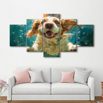 Funny Basset Hound Dog Swimming Underwater Watercolor, Funny Pet Art, Mixed Panels Canvas Print Wall Art