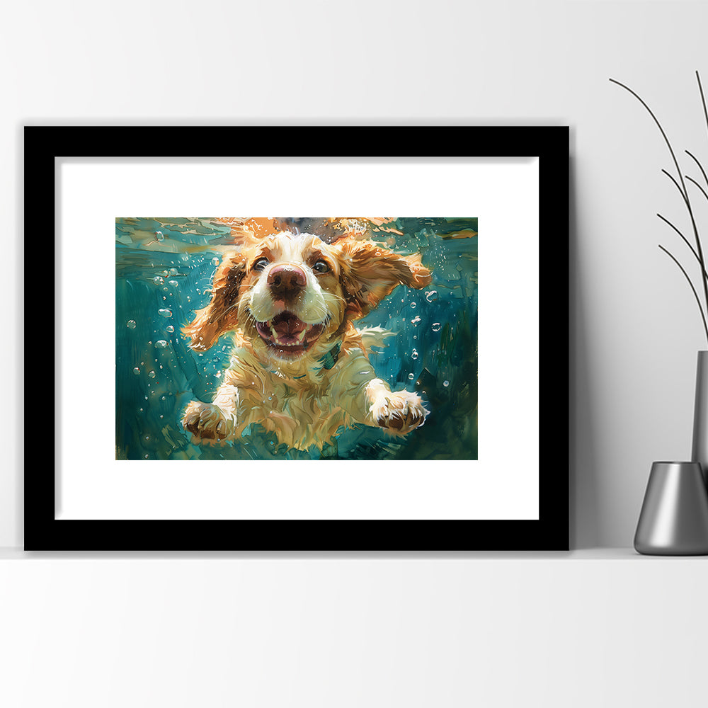 Funny Basset Hound Dog Swimming Underwater Watercolor, Funny Pet Art, Framed Art Print White Border Wall Decor