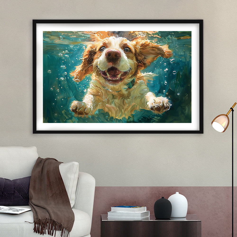 Funny Basset Hound Dog Swimming Underwater Watercolor, Funny Pet Art, Framed Art Print White Border Wall Decor