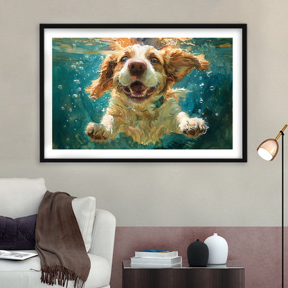 Funny Basset Hound Dog Swimming Underwater Watercolor, Funny Pet Art, Framed Art Print White Border Wall Decor