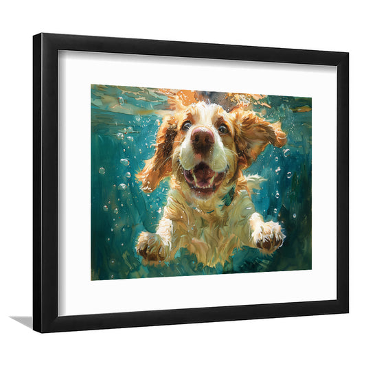 Funny Basset Hound Dog Swimming Underwater Watercolor, Funny Pet Art, Framed Art Print White Border Wall Decor