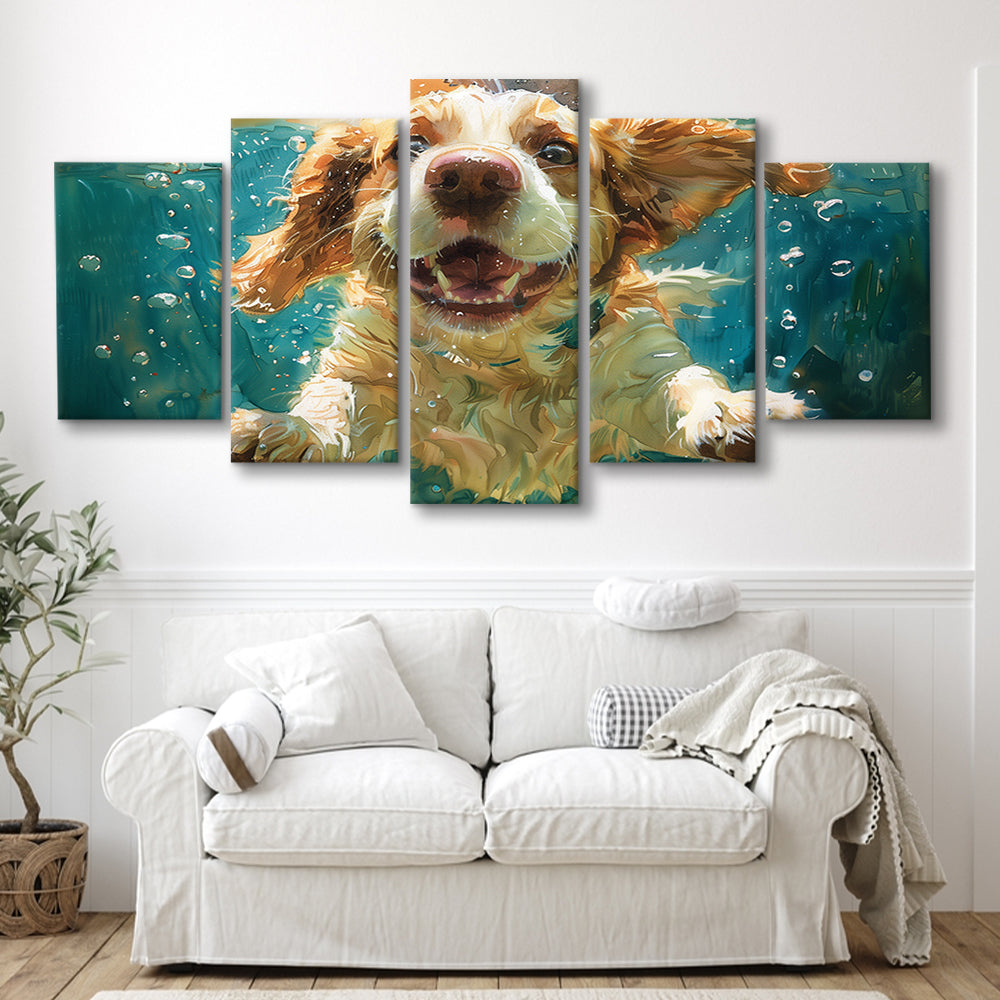Funny Basset Hound Dog Swimming Underwater Watercolor, Funny Pet Art, Mixed Panels Canvas Print Wall Art