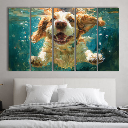 Funny Basset Hound Dog Swimming Underwater Watercolor, Funny Pet Art, Multi Panels Canvas Print Wall Art