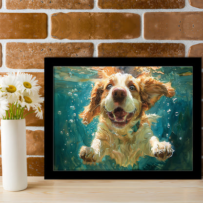 Funny Basset Hound Dog Swimming Underwater Watercolor, Funny Pet Art, Framed Art Print Wall Decor, Framed Picture