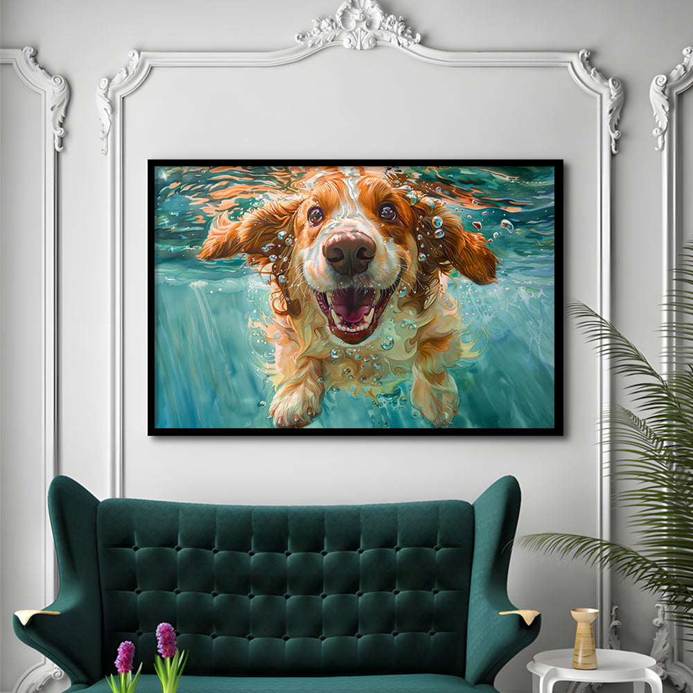 Funny Basset Hound Dog Underwater Watercolor, Funny Pet Art V1, Framed Art Print Wall Decor, Framed Picture