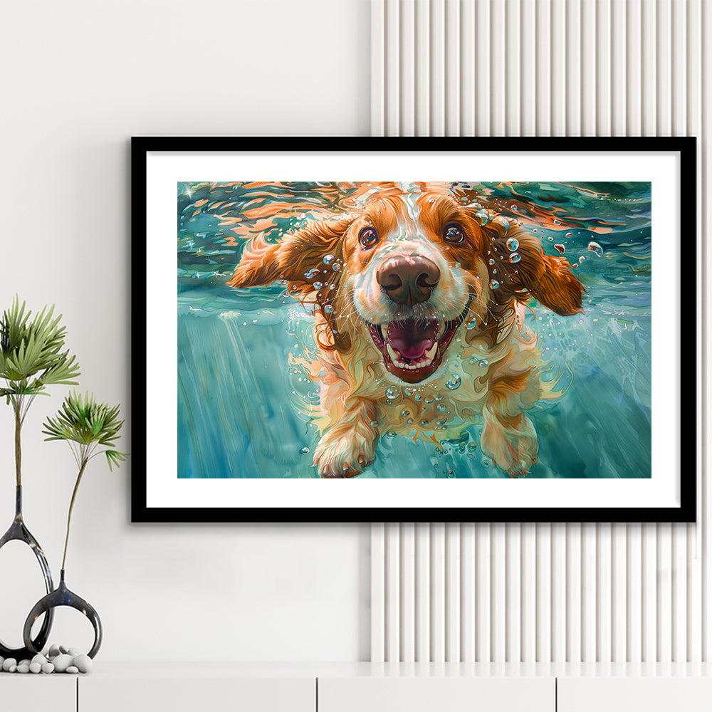 Funny Basset Hound Dog Underwater Watercolor, Funny Pet Art V1, Framed Art Print White Border Wall Decor