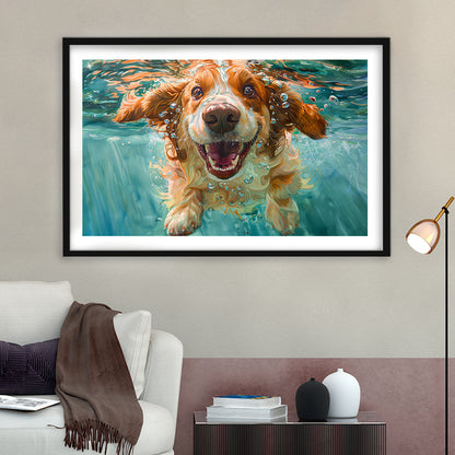 Funny Basset Hound Dog Underwater Watercolor, Funny Pet Art V1, Framed Art Print White Border Wall Decor