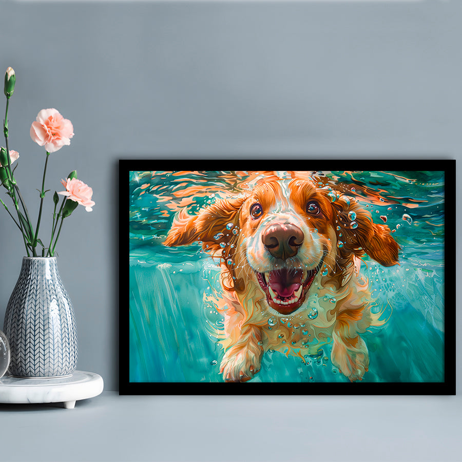 Funny Basset Hound Dog Underwater Watercolor, Funny Pet Art V1, Framed Art Print Wall Decor, Framed Picture