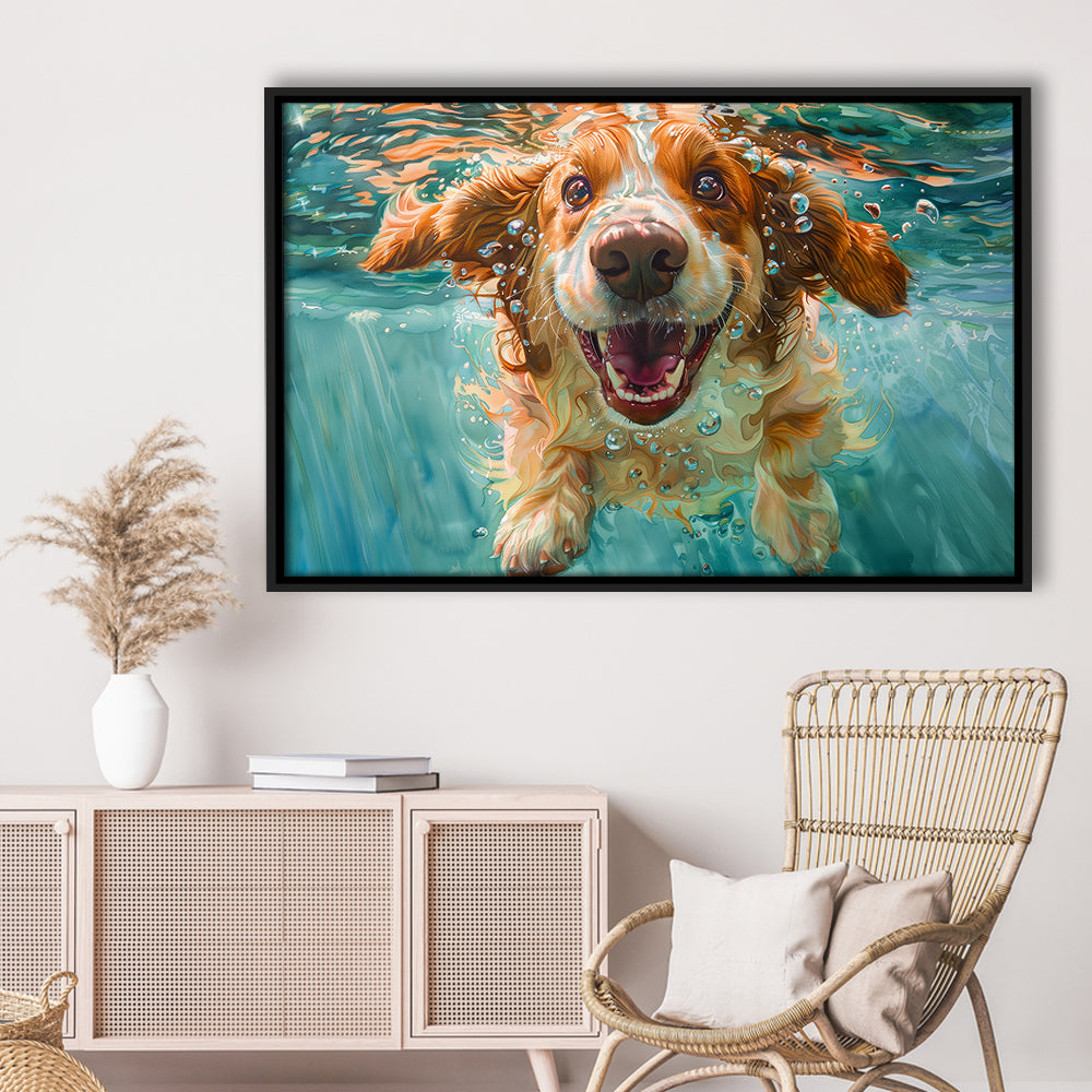 Funny Basset Hound Dog Underwater Watercolor, Funny Pet Art V1, Floating Framed Canvas Print Wall Art