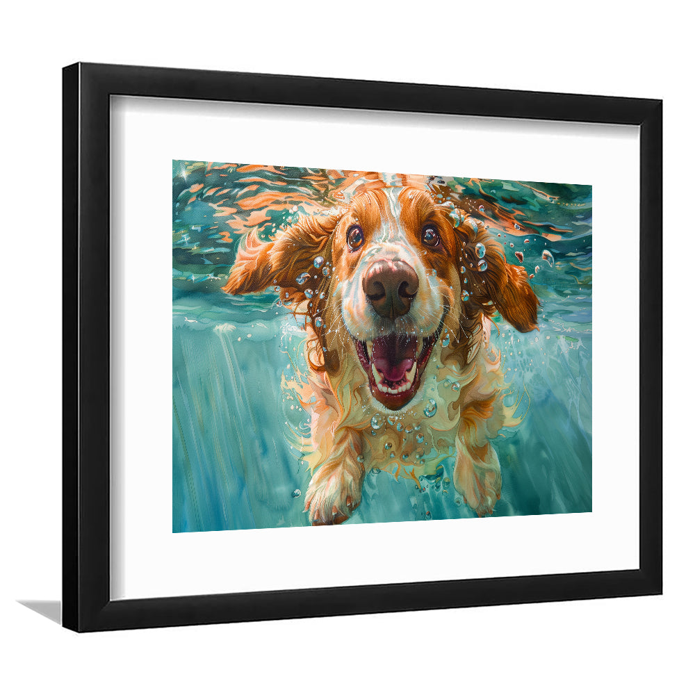Funny Basset Hound Dog Underwater Watercolor, Funny Pet Art V1, Framed Art Print White Border Wall Decor