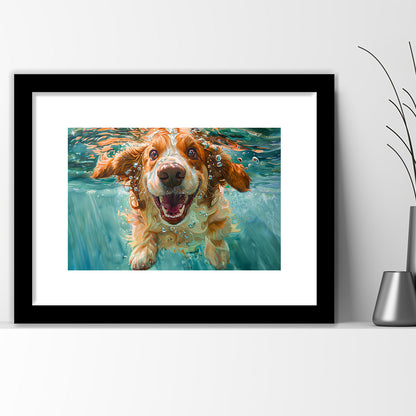 Funny Basset Hound Dog Underwater Watercolor, Funny Pet Art V1, Framed Art Print White Border Wall Decor