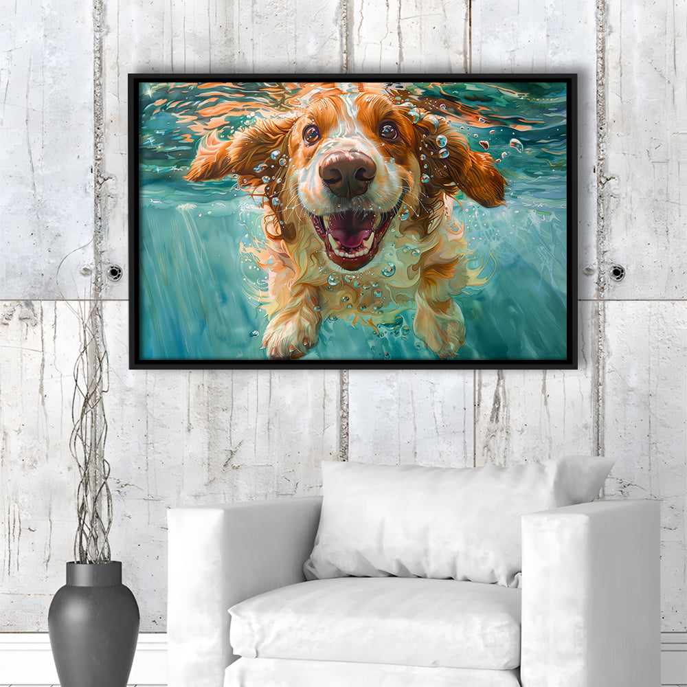 Funny Basset Hound Dog Underwater Watercolor, Funny Pet Art V1, Floating Framed Canvas Print Wall Art