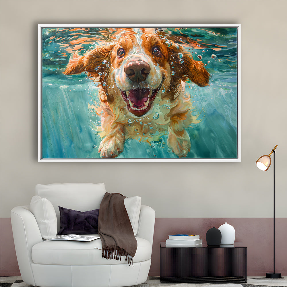 Funny Basset Hound Dog Underwater Watercolor, Funny Pet Art V1, Floating Framed Canvas Print Wall Art