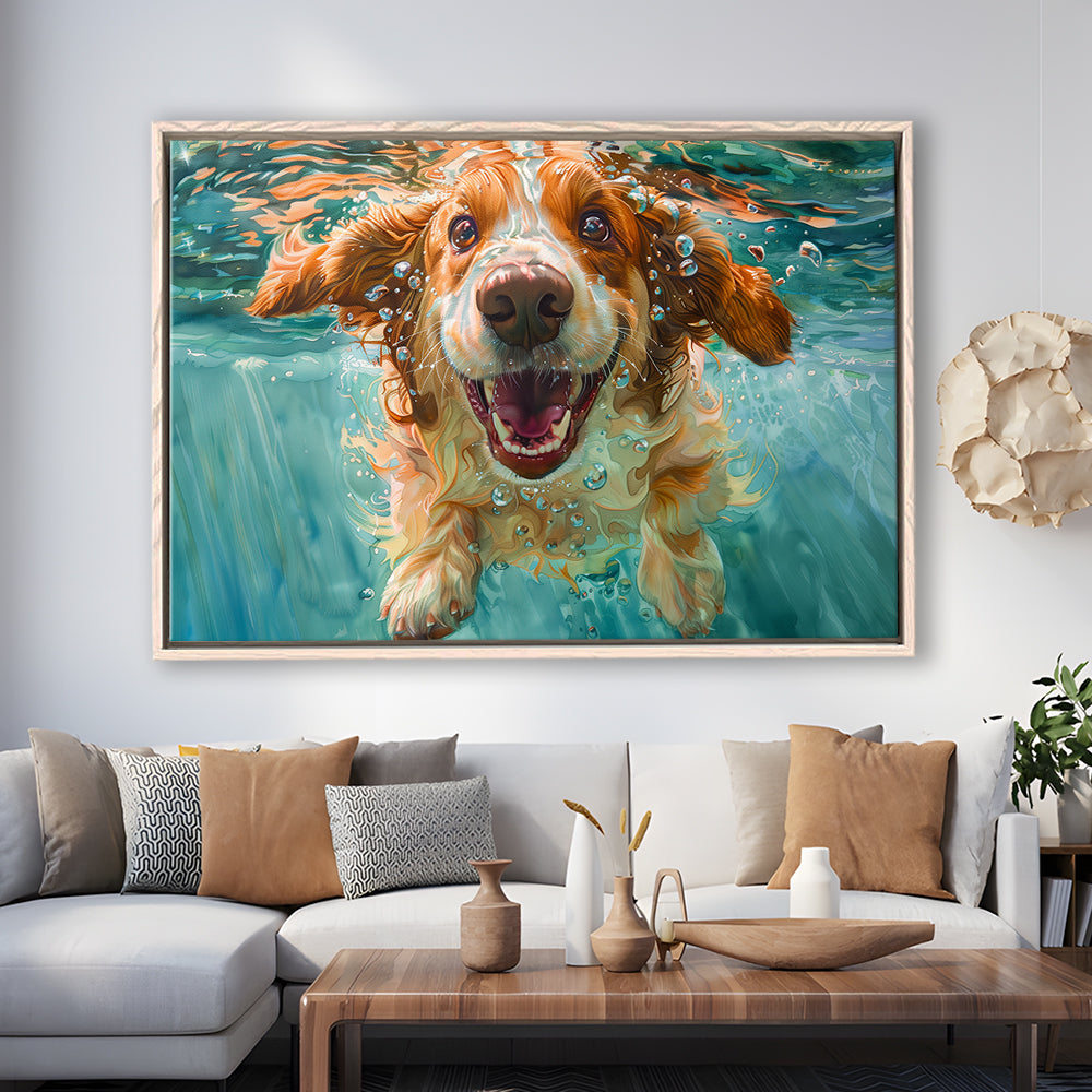 Funny Basset Hound Dog Underwater Watercolor, Funny Pet Art V1, Floating Framed Canvas Print Wall Art